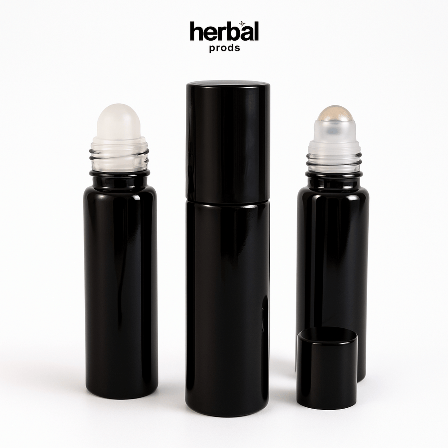 Glossy Black Roller Bottles - 10ml Black Caps - Herbal Prods