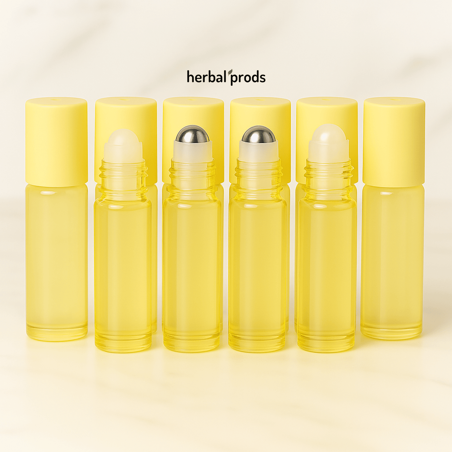 Yellow Glass Roller Bottles | 10ml – Packs of 6 or 12 with Matching Caps | HerbalProds - Herbal Prods