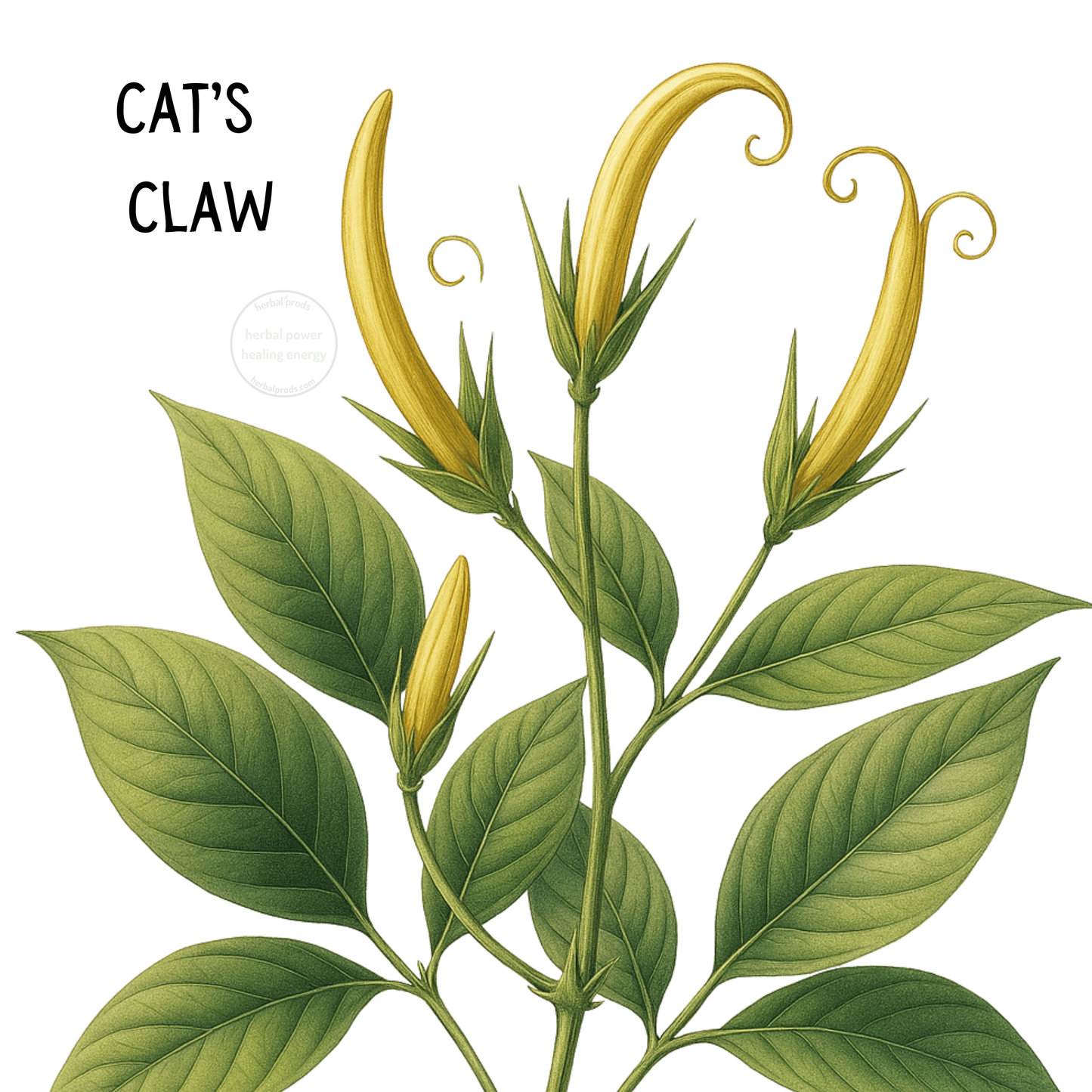 Botanical illustration of Cat's Claw plant (Uncaria tomentosa) featuring characteristic claw-shaped thorns, Herbal Prods