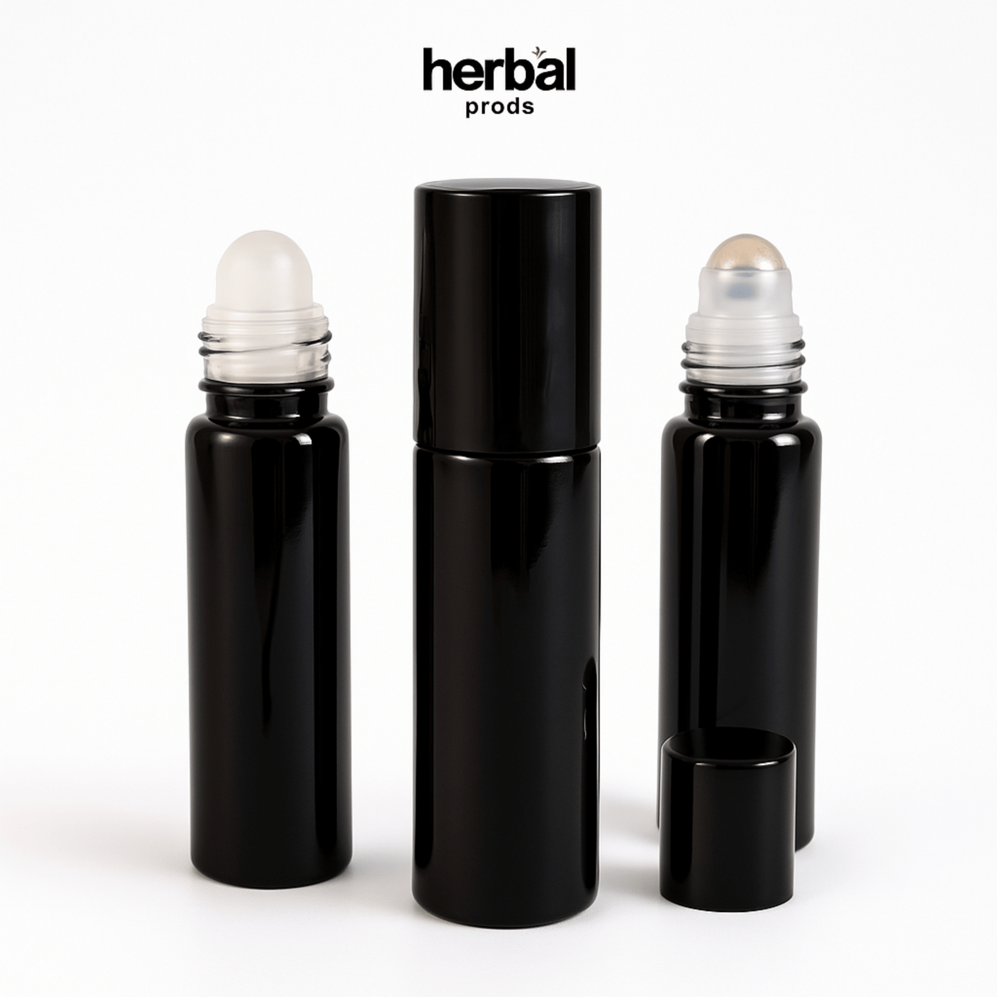 Glossy Black Roller Bottles - 10ml Black Caps - Herbal Prods