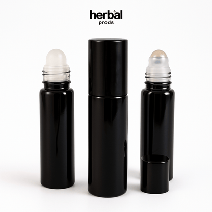 Glossy Black Roller Bottles - 10ml Black Caps - Herbal Prods