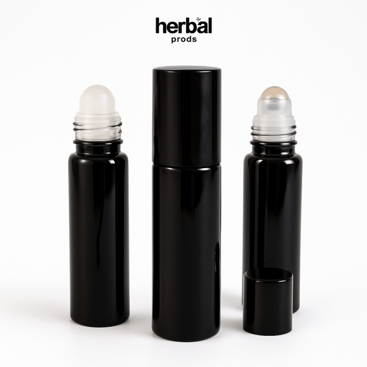 Glossy Black Roller Bottles - 10ml Black Caps - Herbal Prods