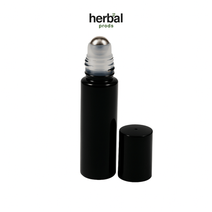 Glossy Black Roller Bottles - 10ml Black Caps - Herbal Prods