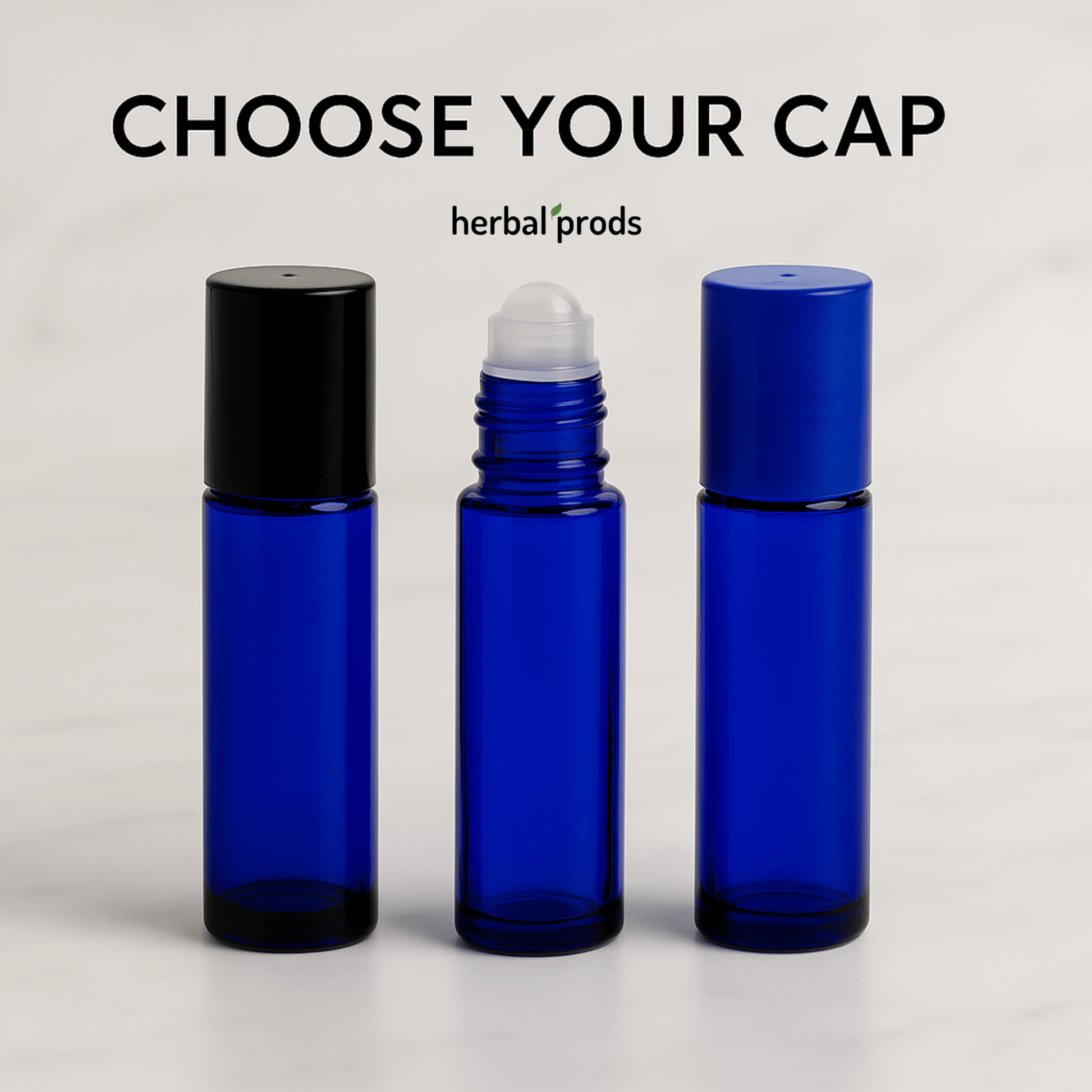 Cobalt Blue Glass Roller Bottles – 10ml Refillable | Blue or Black Caps | 6, 12, or 24 Pack - Herbal Prods