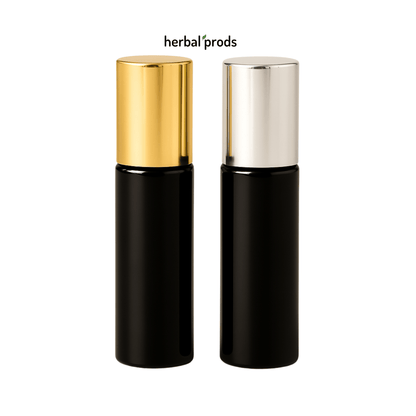 Glossy Black Roller Bottles 10ml | Gold or Silver Caps | 6 or 12 Pack - Herbal Prods