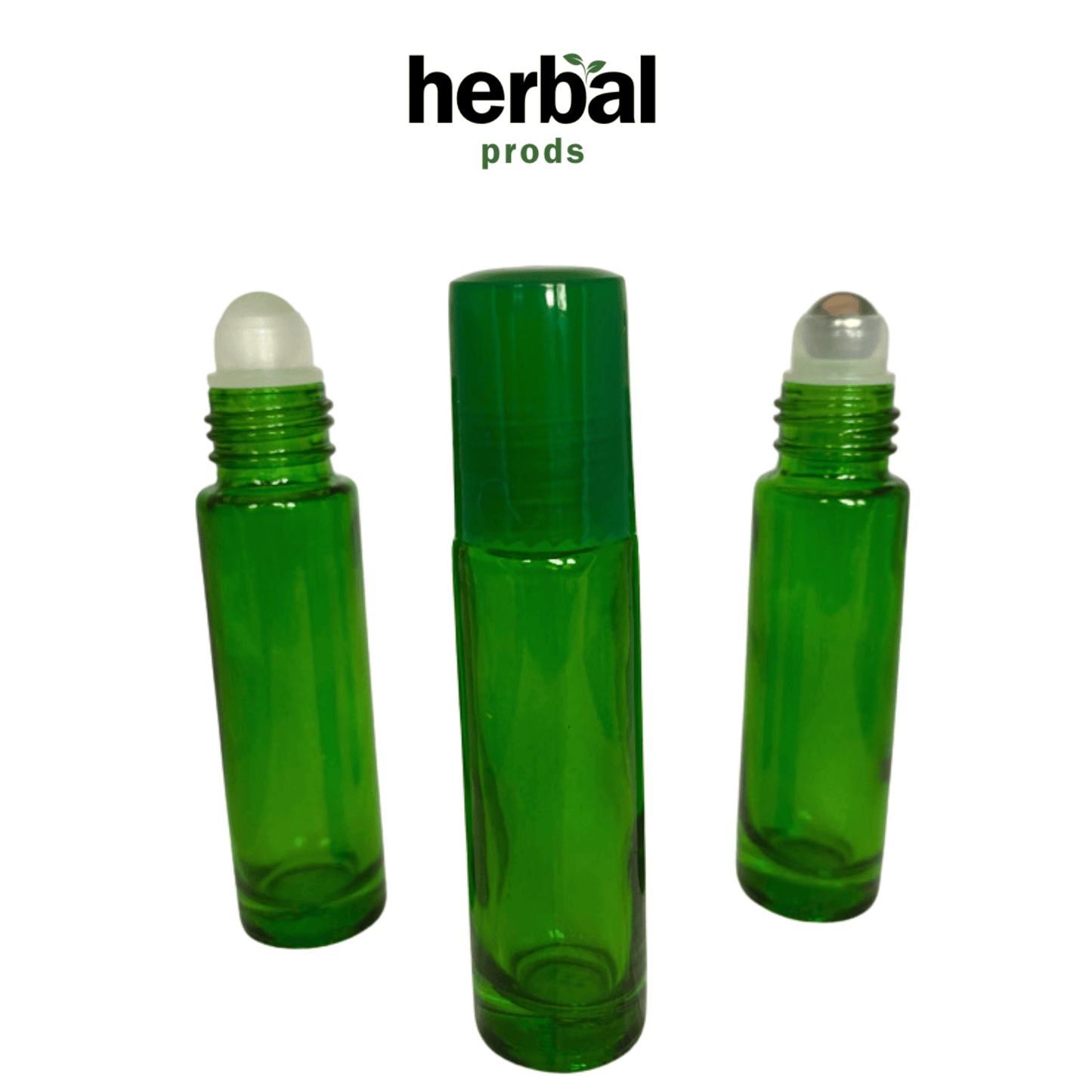 Green Glass Roller Bottles | 10ml with Matching Caps – 6, 12, or 24 Packs | HerbalProds - Herbal Prods