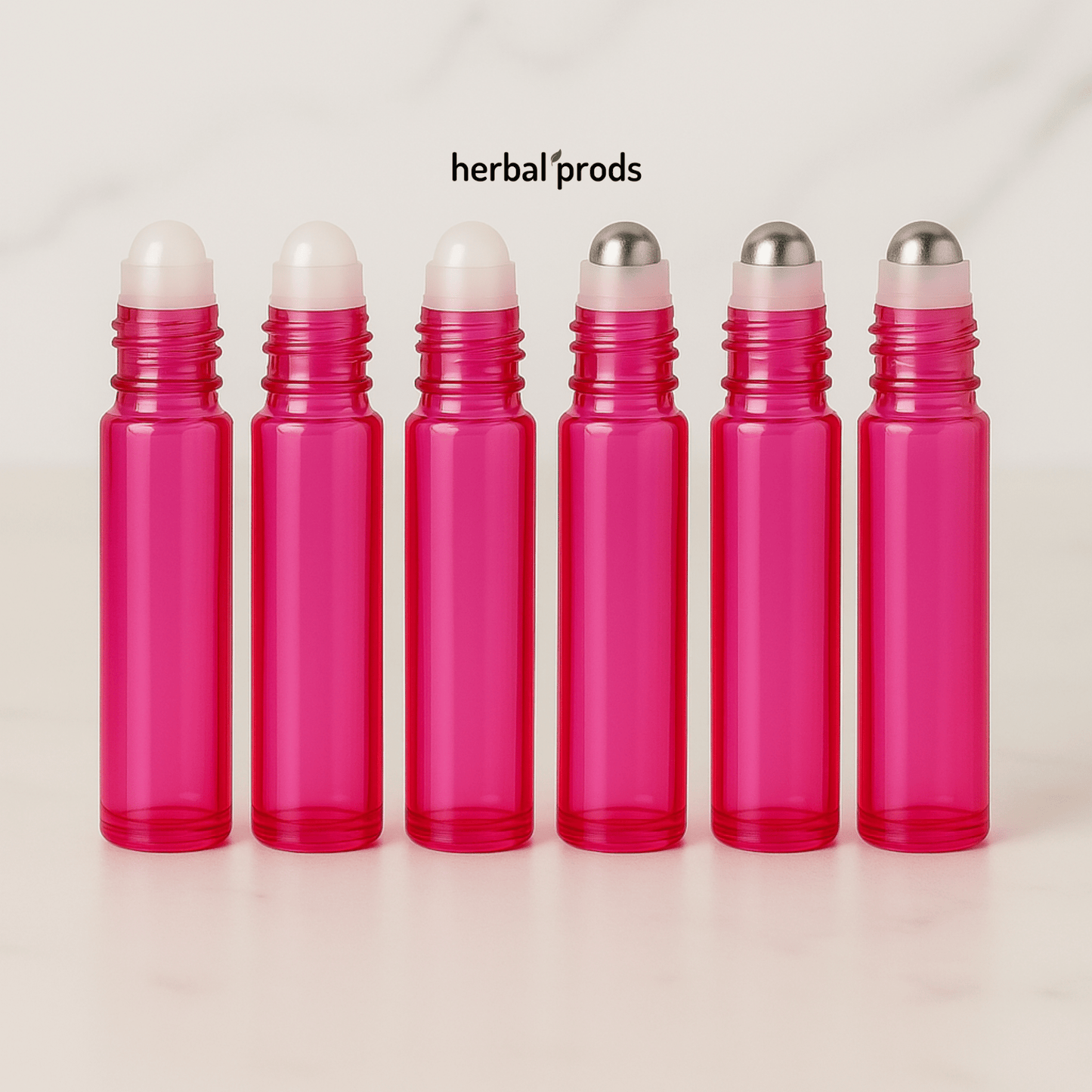 Pink Glass Bottles with Rollerball | 10ml – Packs of 6 or 12 with Matching Caps | HerbalProds - Herbal Prods