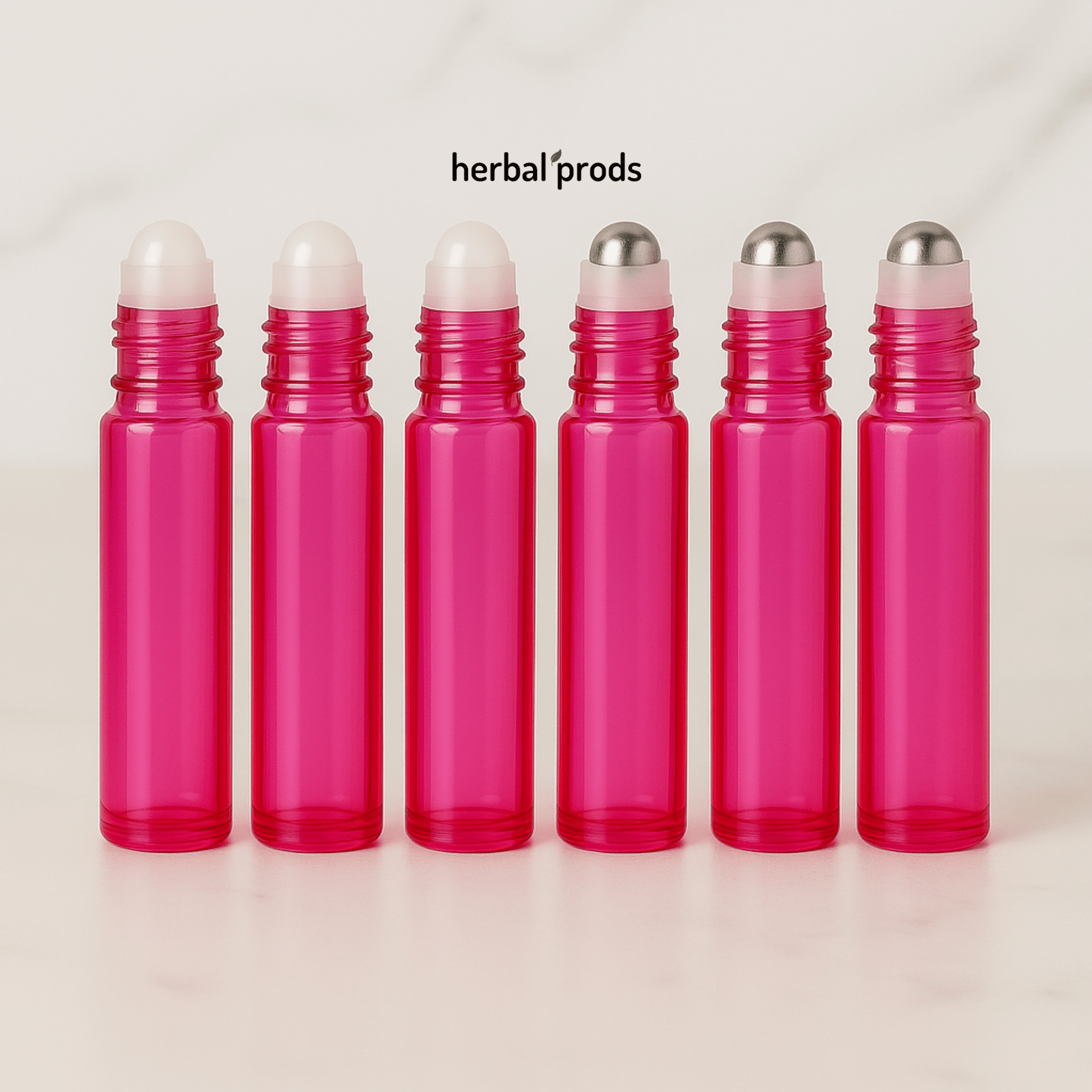 Pink Glass Bottles with Rollerball | 10ml – Packs of 6 or 12 with Matching Caps | HerbalProds - Herbal Prods