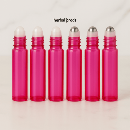 Pink Glass Bottles with Rollerball | 10ml – Packs of 6 or 12 with Matching Caps | HerbalProds - Herbal Prods