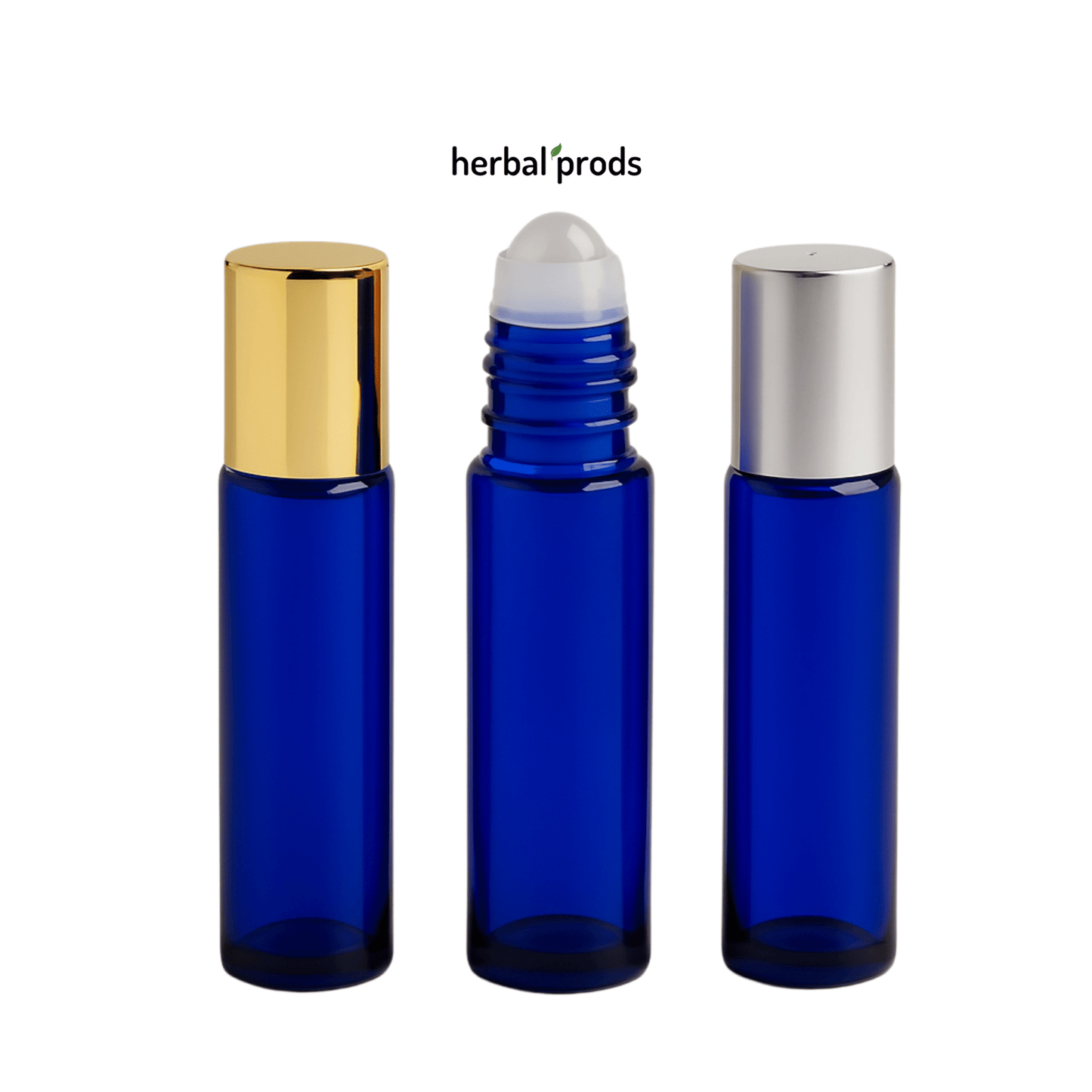 Cobalt Blue Glass Roller Bottles – 10ml Refillable | Gold or Silver Metal Caps | 6, 12, or 24 Pack - Herbal Prods