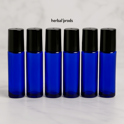 Cobalt Blue Glass Roller Bottles – 10ml Refillable | Blue or Black Caps | 6, 12, or 24 Pack - Herbal Prods