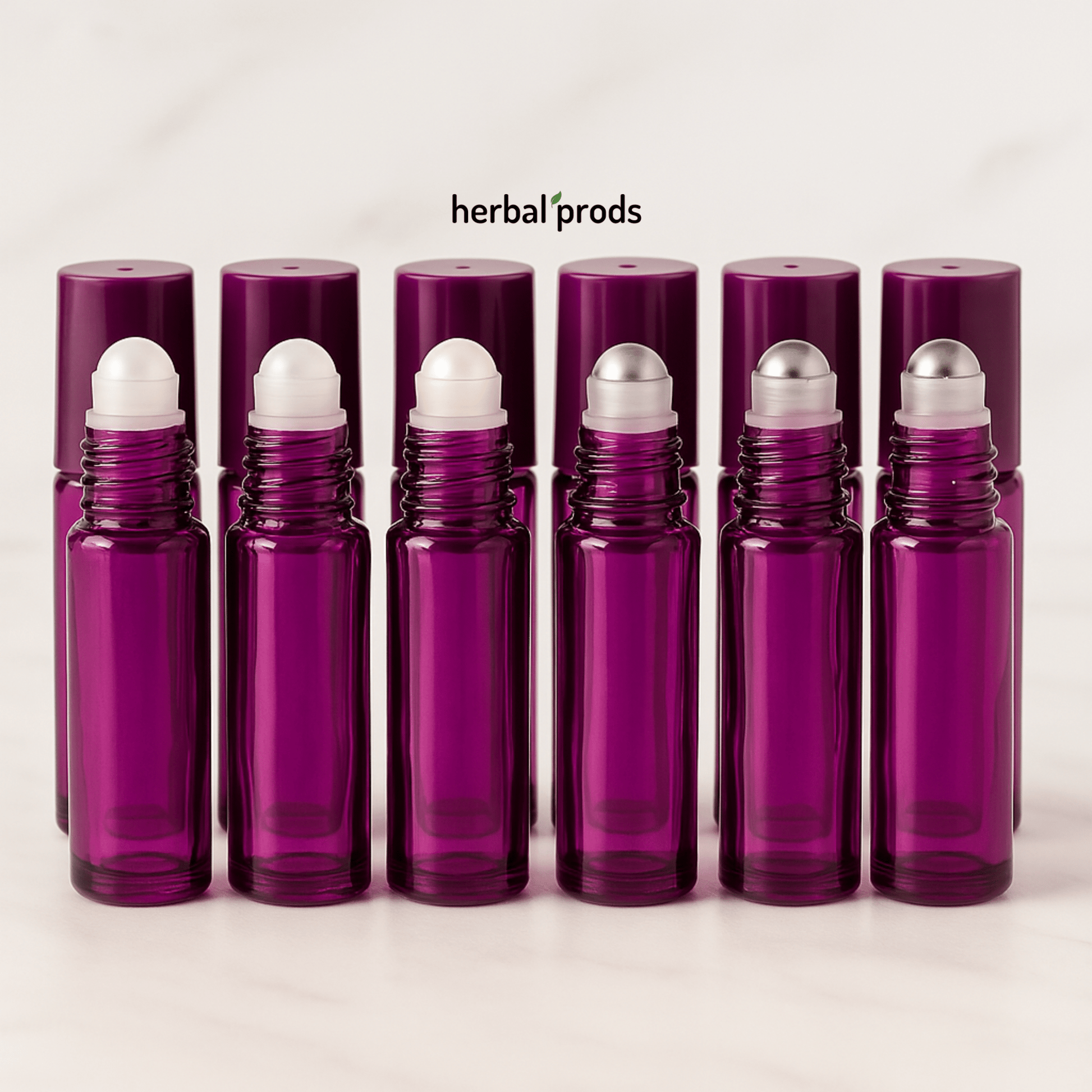 Purple Glass Roller Bottles | 10ml – Packs of 6 or 12 with Matching Caps | HerbalProds - Herbal Prods