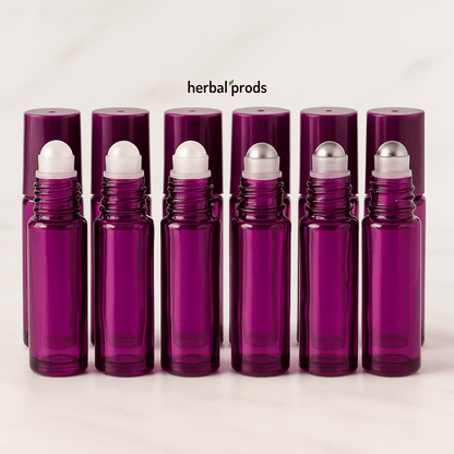 Purple Glass Roller Bottles | 10ml – Packs of 6 or 12 with Matching Caps | HerbalProds - Herbal Prods
