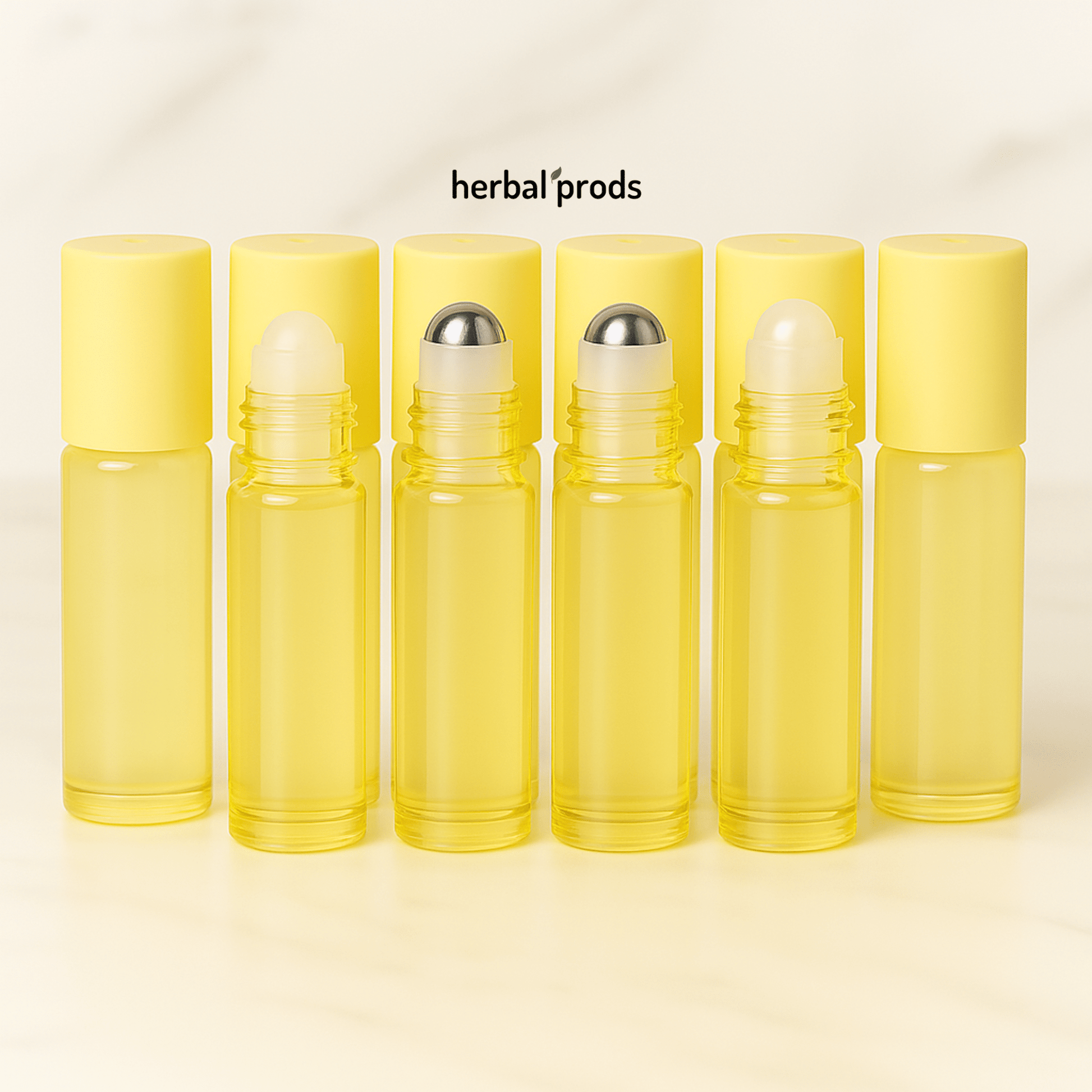 Yellow Glass Roller Bottles | 10ml – Packs of 6 or 12 with Matching Caps | HerbalProds - Herbal Prods